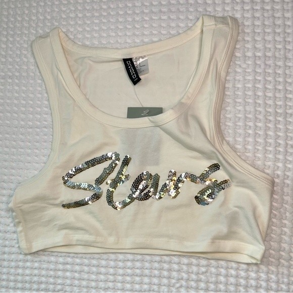 H+M Crop Top Women’s Large White with Sequins Stars Summer Trend Outfit Shirt A2 - Picture 4 of 5